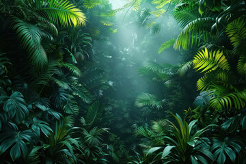 Fototapeta na wymiar misty tropical forest, lush green foliage in dense jungle, nature background