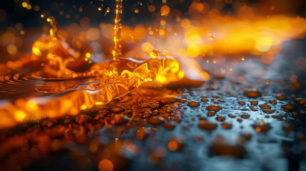 Car hydraulic pump, Oily yellow-orange liquid splashes and glitters next to the car hydraulic pump.generative ai