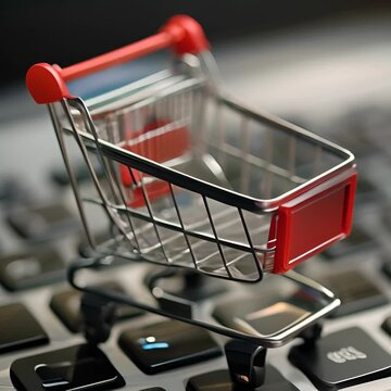 A close-up image of a miniature red shopping cart on a laptop keyboard.