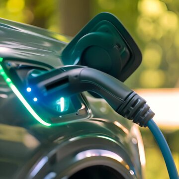 Close-up of an EV's charging plug, showcasing sustainable transport technology