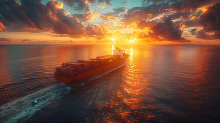 Container ship sails into evening sunset, symbolizing global trade and logistics. - obrazy, fototapety, plakaty