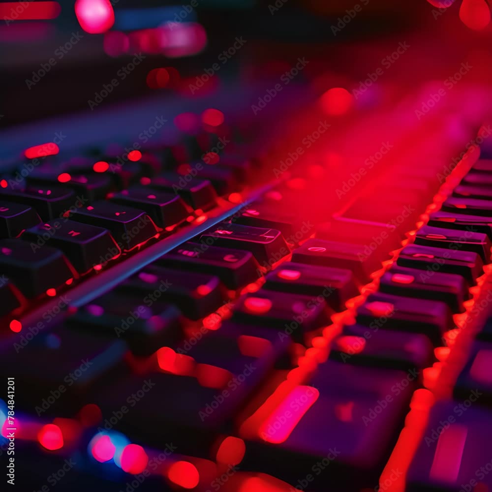 Poster backlit keyboard glowing in red hues, symbolizing a cyberattack on digital infrastructure