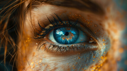 A woman's eye is shown with a blue iris and a goldish tint - obrazy, fototapety, plakaty