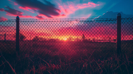 A fence with a sunset in the background - obrazy, fototapety, plakaty