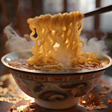 3D render A steaming bowl of ramen noodles where the noodles are formed from flowing rivers.