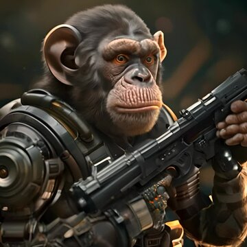 A realistic painting of a chimpanzee wearing a space suit and holding a gun