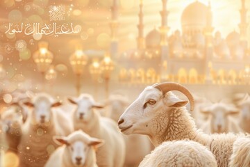 Obraz premium Islamic banner with sacrificial animals sheep and goats for Eid al-Adha greeting background and copy space - generative ai