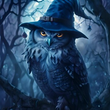 Wise old talking owl wearing a wizards hat perched in a mystical moonlit forest