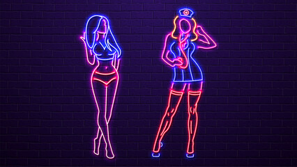 Neon sexy athletic women and a nurse. A concept for a sex shop.