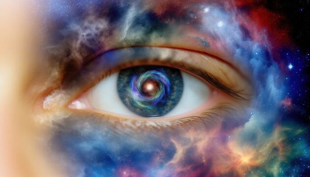 human element with the vastness of the universe, depicting a human eye merging with a swirl of galaxies and nebulae.