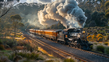 Fototapeta na wymiar black and gold steam train on the tracks,generative ai