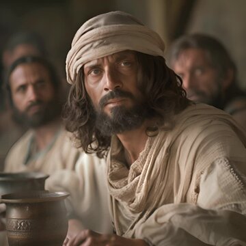 A photo of Jesus sitting at a table, looking at the camera with a serious expression.