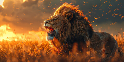 a wild safari with a roaring lion,generative ai - obrazy, fototapety, plakaty