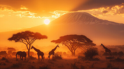 Fototapeta na wymiar Mount Kilimanjaro's base, savannah bathed in golden sunlight, silhouetted acacias, giraffes, and elephants, embodying Africa's wild heart.generative ai