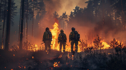 Action image of Firefighters standing forest fire - obrazy, fototapety, plakaty
