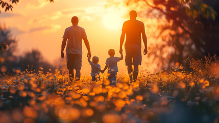 A family of four is walking through a field of flowers