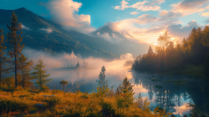 A beautiful mountain landscape with a lake and a foggy sky