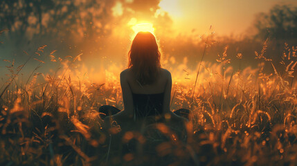 A woman is sitting in a field of tall grass, looking up at the sun - obrazy, fototapety, plakaty