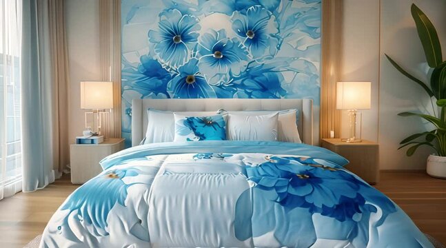 Modern Elegance Contemporary Bedroom with Semi-Transparent Floral Print Bedding, Cyanotype Effect Floral Wallpaper, and Dynamic Floral Artwork
