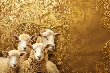 Naklejka premium Islamic banner with sacrificial animals sheep and goats for Eid al-Adha greeting background and copy space - generative ai