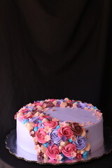 cake on a dark brown background. copy space