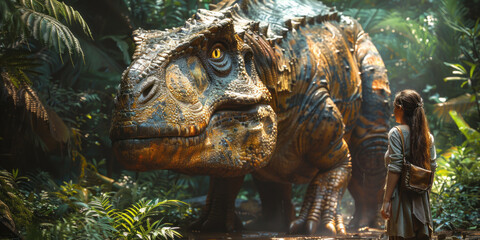Fototapeta premium person petting a giant dinosaur in the jungle,generative ai