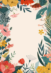 Fototapeta na wymiar 2d illustration of blooming floral frame, handdrawn