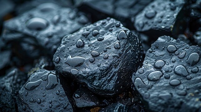 Close-up of black stones with water drops with soft shadows. Black stones with small rain drops with color gradation and soft bokeh.