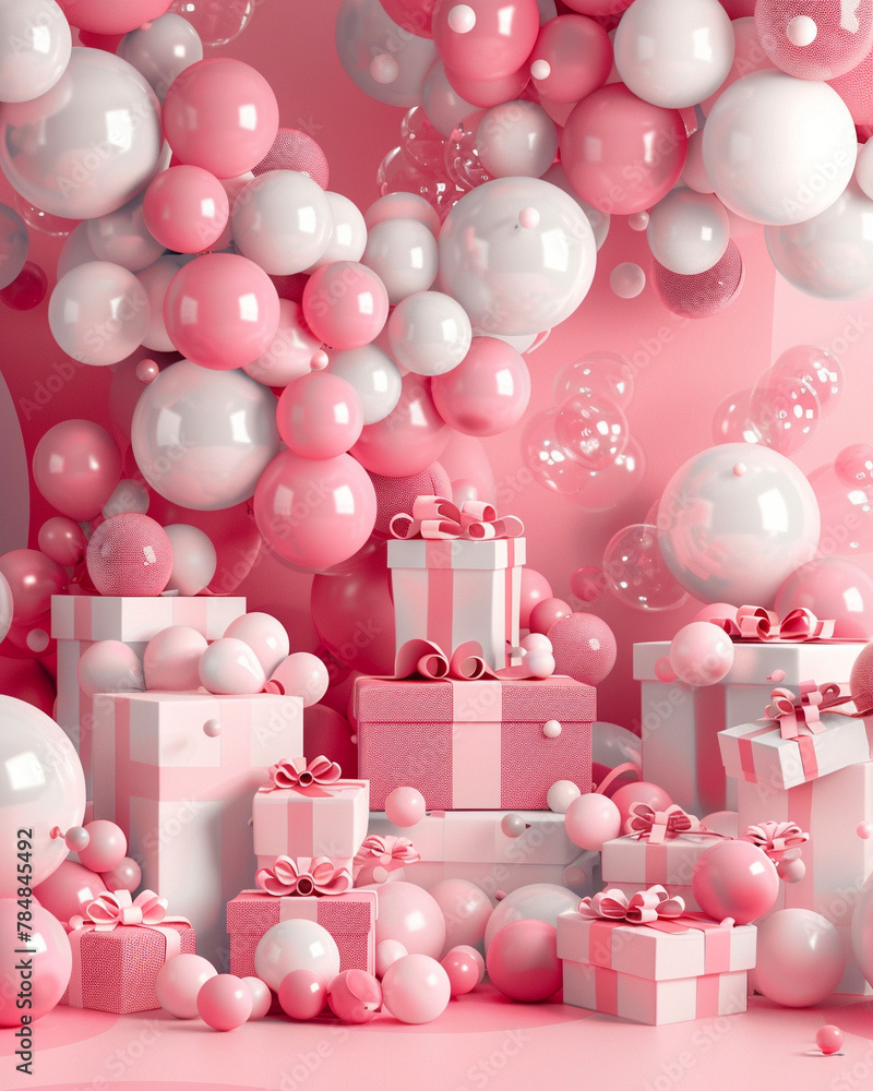 Wall mural a lot of gift boxes and a lot of balloons, pink and white colors, advertising picture, sale 50% writ