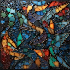The multicolored abstract painting is made of leather, stained glass effect, recycled material murals, dark emerald, puzzle-like pieces