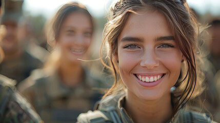 A smiling young female adult soldier wearing a soldier's uniform together with other soldiers,generative ai