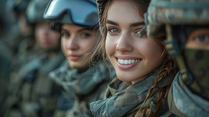 Fototapeta premium A smiling young female adult soldier wearing a soldier's uniform together with other soldiers,generative ai