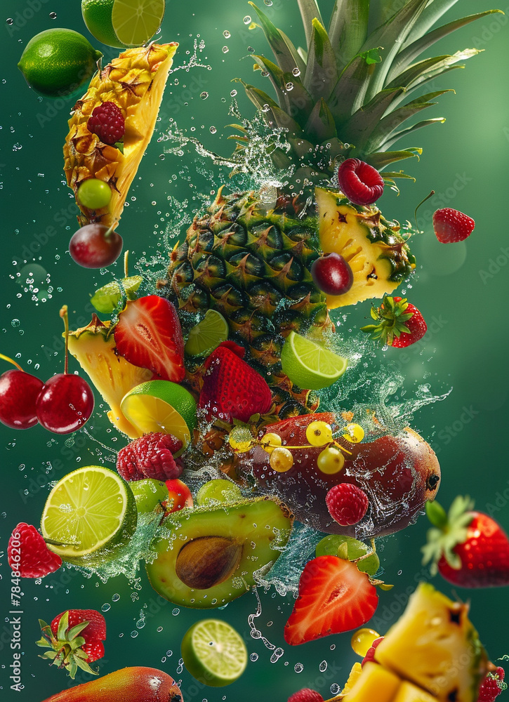 Wall mural hyper realistic and very detailed image that captures the juicy essence of exploding fruit flavor