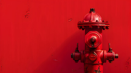 A vibrant red fire hydrant stands boldly against a matching red brick wall, creating a striking contrast and focal point in the urban landscape.