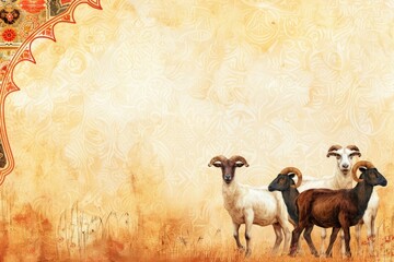Fototapeta premium Islamic banner with sacrificial animals sheep and goats for Eid al-Adha greeting background and copy space - generative ai