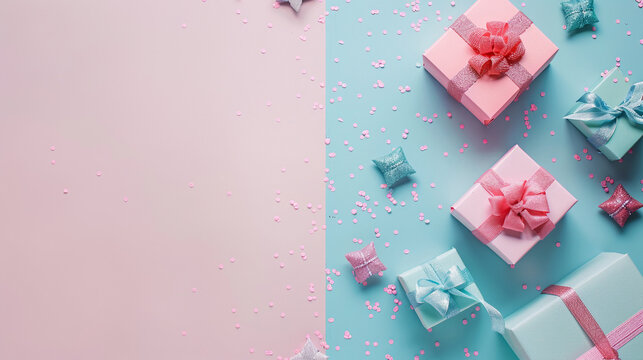 gift box mock up decorations are on the edge of the image, pastel background