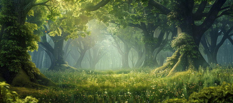 Hermoso paisaje verde de un bosque encantado con grandes arboles y bello follaje , con luminosidad central de rayos de sol. Concepto fondos de naturaleza