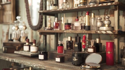 An elegant display of vintage beauty products awaits in this charmingly themed podium setup. The sepiatoned background provides the . .