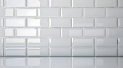 A close-up view of a pristine white tiled wall, each tile reflecting a subtle sheen of light. The immaculate tiles create a sense of sophistication and modernity in the space. - obrazy, fototapety, plakaty