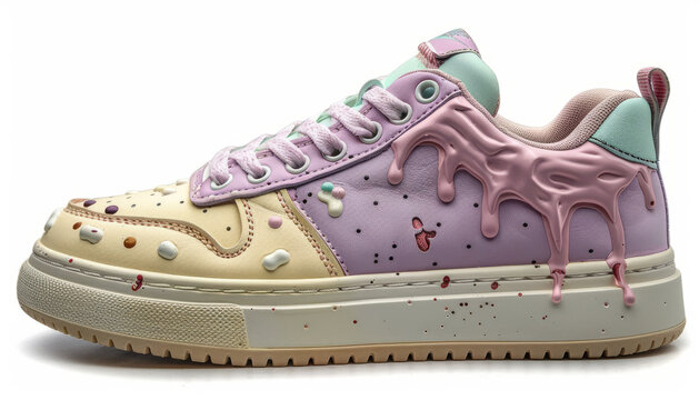 Elegantly whimsical: Purple low-top sneaker with ice cream theme, pastel hues, oversized melting ice cream accents.generative ai