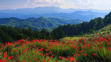 Beautiful shot of red flowers near green trees with forested mountains in the distance  , Generative ai, 