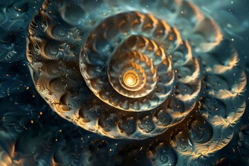 A fractal spiral resembling a natural nautilus shell, set against a starry backdrop, perfect for abstract art and scientific illustrations.

