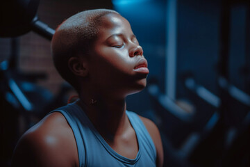 tired female athlete with eyes closed after working out in gym