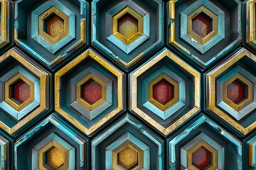 Three-dimensional honeycomb pattern with a deep color palette and gold accents, ideal for abstract designs and modern backgrounds.

