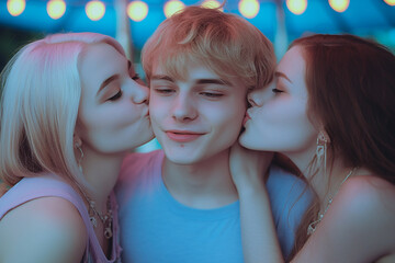 two girls (14-16) kissing boy on cheek at amusement park - obrazy, fototapety, plakaty
