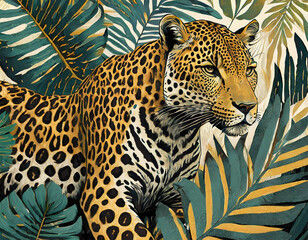 Tropical jungle art print design with leopard, illustration.