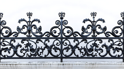 Fototapeta na wymiar A beautifully crafted wrought iron fence stands tall and strong, showcasing intricate designs and patterns. Against a stark white background, the fence exudes elegance and sophistication.