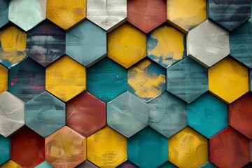Vivid geometric pattern with hexagonal tiles in a spectrum of colors, perfect for modern design backdrops and abstract art.

