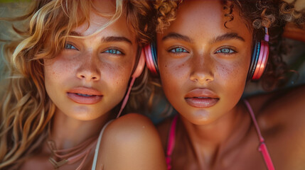 Fototapeta premium Woman wearing headset listening to music.generative ai