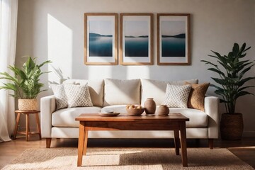 Summer living room. Stylish living room with sofa, wooden table, decorative frames, and natural sunlight from the windows.